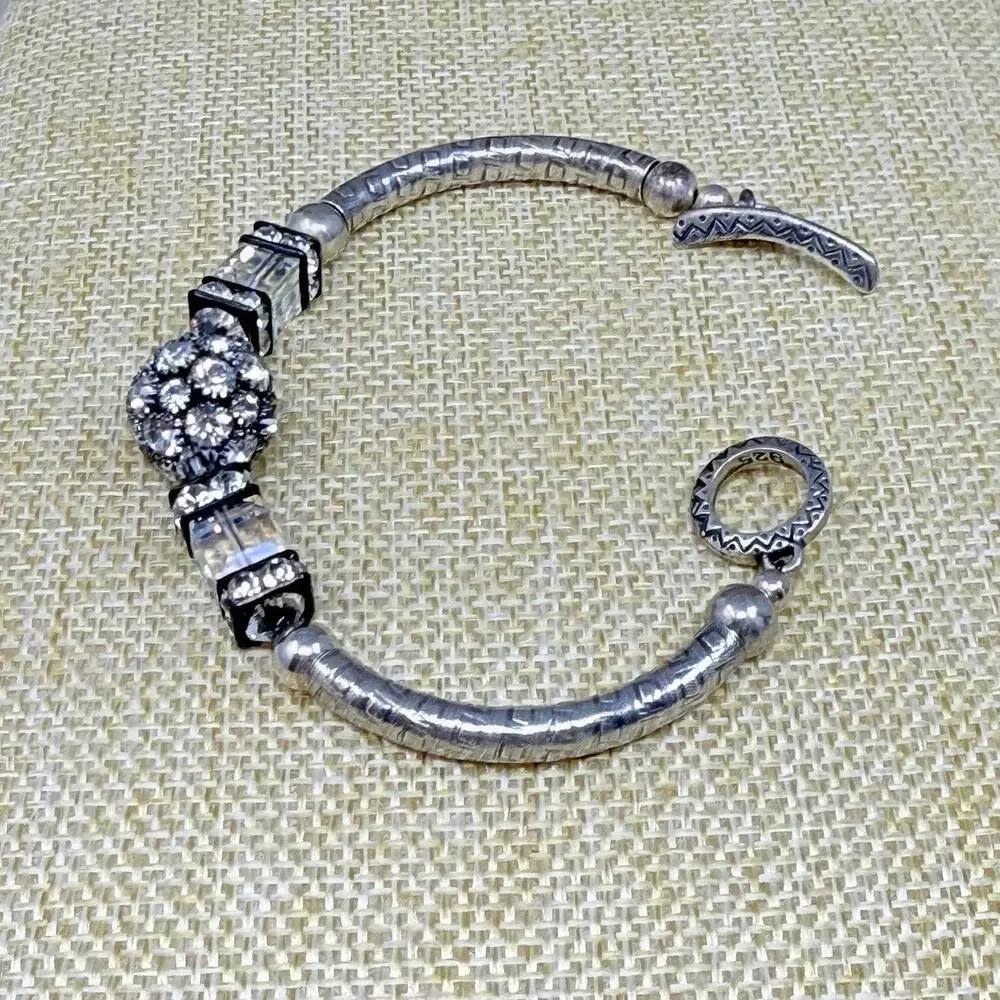 Saki 925 Sterling Silver Crystal Cube Rhinestone Bracelet Toggle Clasp 6.25 Inch